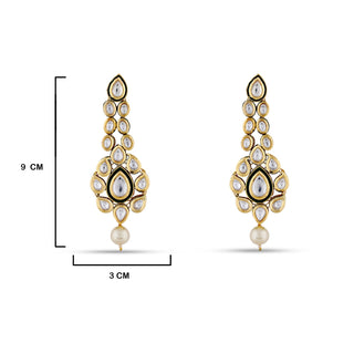 Kundan Polki Crystal Pearled Earrings with measurements in cm. 9cm by 3cm.