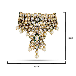 Kundan Polki Crystal Pearled Choker with measurements in cm. 11cm by 16cm.