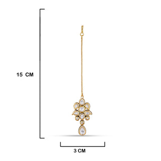 Kundan Maang Tikka with measurements in cm. 15cm by 3cm.