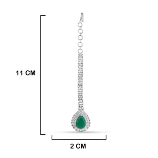 CZ Green Tear Drop Stoned Maang Tikka with measurements in cm. 11cm by 2cm.