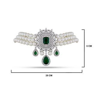 Cubic Zirconia Green Stone Pearl Choker with measurements in cm. 6cm by 28cm.