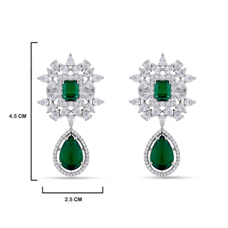 Cubic Zirconia Green Stone Pearl Earrings with measurements in cm. 4.5cm by 2.5cm.