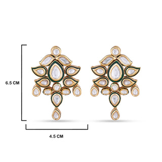 Kundan Studded Meenakari Earrings with measurements in cm. 6.5cm by 4.5cm. 