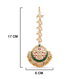 Gold Pearl Drop Maang Tikka with measurements inn cm. 17cm by 6cm.