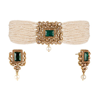 Kundan Green Stone Pearl Choker Set