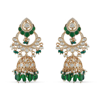 Green Bead Jhumki Kundan Earrings