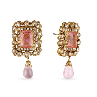 Kundan Pink Stone Pearl Earrings. Front View and Side View.