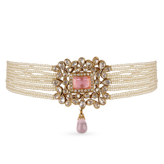 Kundan Pink Stone Pearl Choker. Front View.