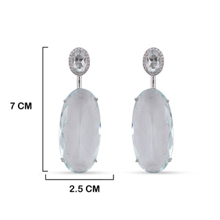 Blue Stone Drop CZ Earrings with measurements in cm. 7cm by 2.5cm.